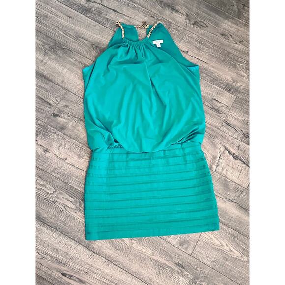 Vintage Cache Women's Green Blouson Gold Chain Halter Neck Mini Dress Size 10 - Picture 16 of 16